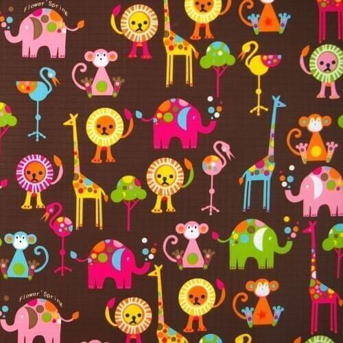 1 yard Polyester/PVC coated Waterproof Fabric for bag,- Cartoon -Tiger elephant lion monkey on brown background (width=140cm)