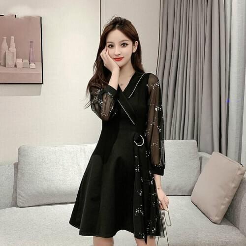 Spring Retro Slim Slimming Long And Medium Mesh Gauze Sequins Little Chiffon Patchwork Printed Bandage A Word High Waist Derss