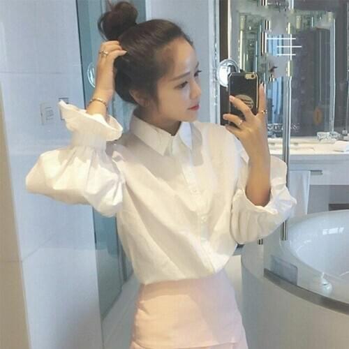 Womens Spring Autumn Style Shirt Womens Turn-Down Collar Button Solid Color Lantern Sleeve Korean Elegant Top SP1031