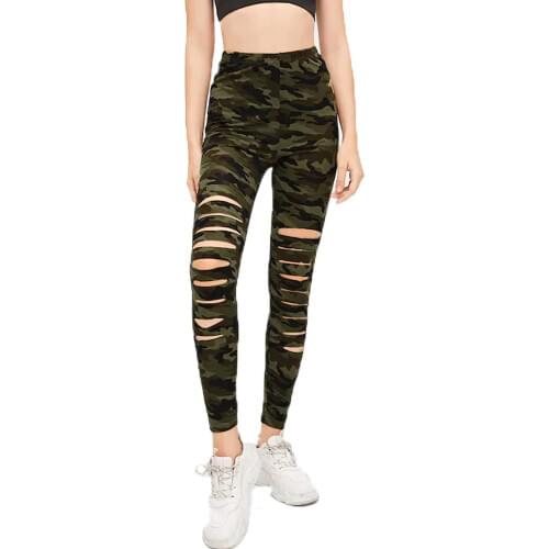Womens Punk Sexy Camouflage Leggings Womens Skinny Camo Pencil Pants Hip Hop High Waist Sweat Pants Holes Joggers Women