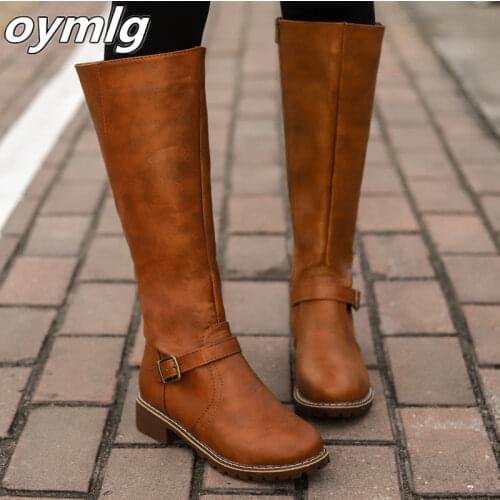 Thigh high Boots brown Women Vintage leather Square Heel Zipper knee height buckle Boot Keep Warm Round Toe Shoes British Style