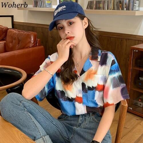 Woherb Womens Tops and Blouses 2020 Streetwear tie dye plaid Womens Clothing Vintage Print Summer Loose short sleeve Blusas