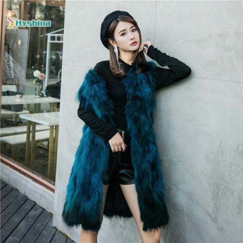 Long Genuine Raccoon Fur Vest Autumn and Winter Women Sleeveless Slim Solid Color V-neck Waistcoat Female Lady Nature Fur Gilets