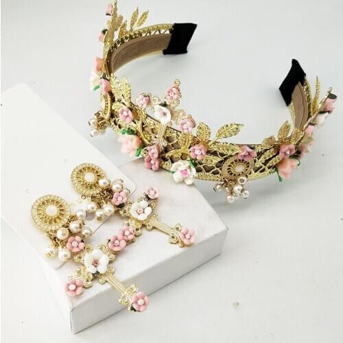 Womens Earrings Crown Set Rhinestones Pearl Tiaras And Crown For Bride Hairwear jewelry sets Princess Prom Wedding Dress