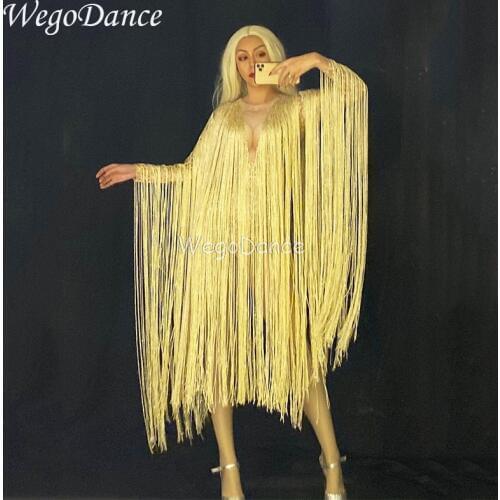 New Women Sexy Gold Long Fringe Bodysuit Singer Costume Evening Party Long Sleeve Tassel Leotard Birthday Stretch Dance Clothing