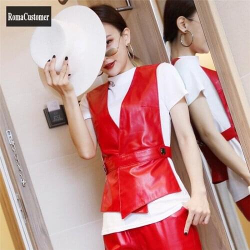 2021 Autumn New Genuine Leather Sleeveless Sheepskin V-Neck Slim Short Vest korean Womens Solid Fashion Casual Elegant Vest