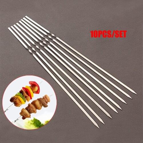 10PCS/SET Reusable flat stainless steel barbecue skewers bbq Needle stick For outdoor camping picnic tools cooking tools