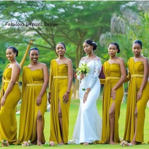 2021 One Sleeve Streamer Bridesmaid Dresses Mermaid Slit Belt African Women Long Wedding Party Dress Vestido De Fiesta De Boda