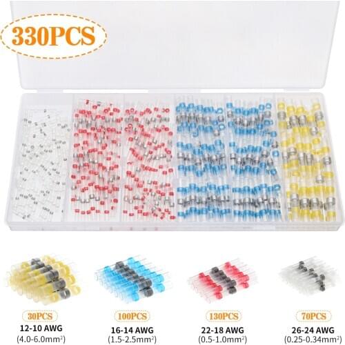 330pcs Heat Shrink Butt Crimp Terminals Waterproof Solder Seal Electrical Butt Connectors Wire Cable Splice Terminal Kit