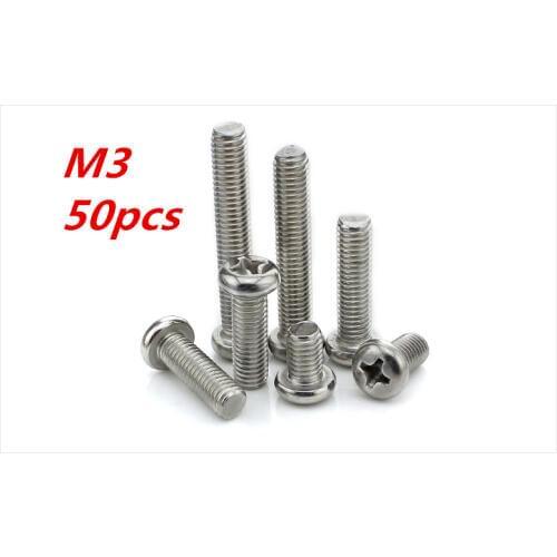 50pcs M3*4/5/6/8/10-50mm 304 Stainless Steel Cross Screws Round Head Plain End Phillips Plain Self-tapping Screw Bolt Fasteners