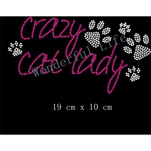 Free shipping Crazy Cat Lady Crystal Motif Transfer fuchasia with white