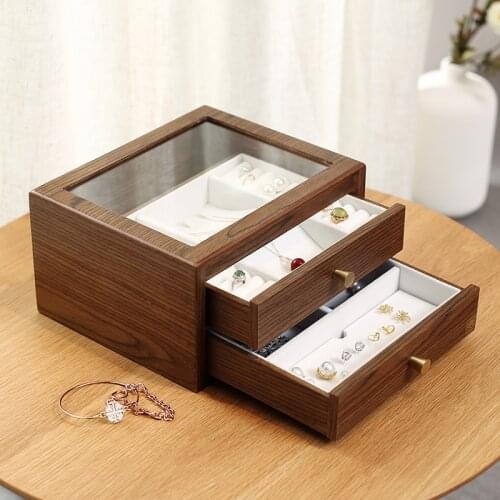 Casegrace Large Glass Display Wooden Jewelry Box Organizer With Drawer Wood Earring Ring Necklace Jewellery Storage Case Casket
