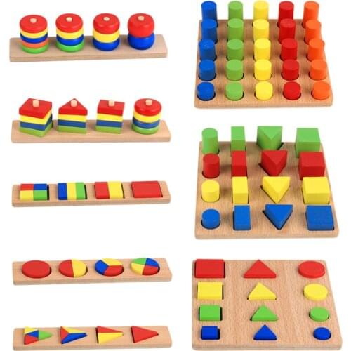 Montessori Wood Geometric Shapes Stacking Rings Fractions Boards 8 in 1 Early Educational Teaching Aids Toys Development School