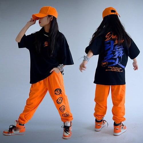 Children Summer Hip-Hop Loose Short Sleeved Hiphop Pants Boys Girls Jazz Performance Costumes Street Dance Rave Clothes DQS7086