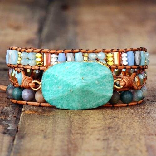 Exclusive Women Boho Bracelets with Natural Stones Triple Leather Strap Woven Wrap Beads Bracelets Femme Dropshipping