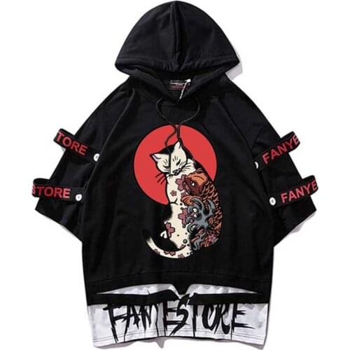 Hooded top tees Ukiyo Cat Ribbon T Shirts Oversize hip hop Short Sleeve Streetwear tshirts wholesale Casual cotton homme clothes