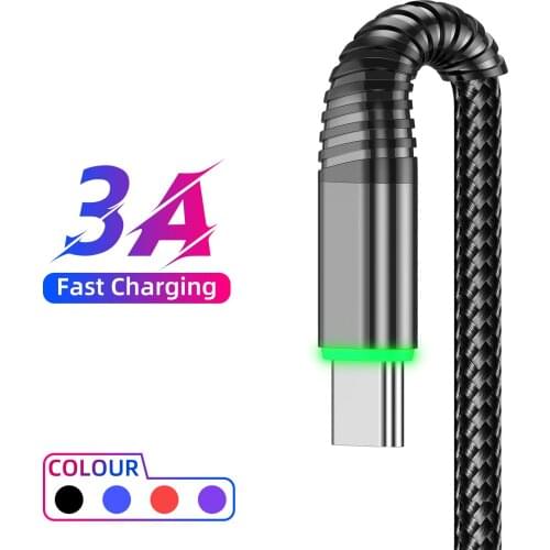 GTWIN 3.0A Fast Charging Mobile Phone Data Cable With Green Light Reusable USB Type-C Data Cord Charging Cable For Huawei Xiaomi