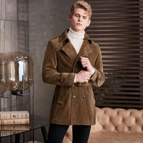 Classic Corduroy Mens Trench Luxury Autumn Winter Medium Length Chenille Stripe Male Jackets Fashion Man Coats With Belt 6XL