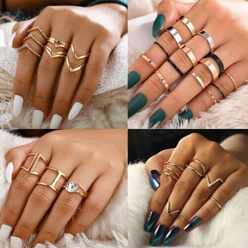 16sets Bohemian Sun Badge Water Drop Moon Leaf Heart Shaped Gold Ring Charm Set Geometric Joint Finger Rings Female Jewelry