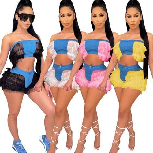 Sexy Club Two Piece Shorts Set Women High Bounce Denim Chest Trap Splicing Mesh Sleeveless Strap Crop Top Summer Outfit Custom