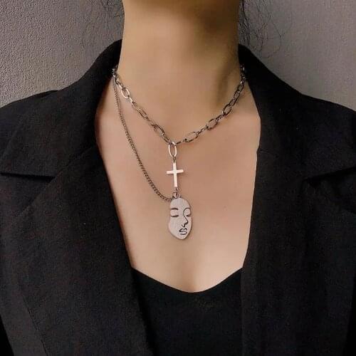 Ins Cool Double-layer Beauty Face Cross Stainless Steel Necklace Hip-hop All-match Men & Women Chokers Necklaces C01-C20