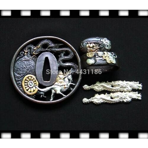 A Set Delicate Metal Crafts Copper Sword Accessories Tsuba Menuki Fuchi Kashira for Japanese Samurai Sword Katana DIY Fittings