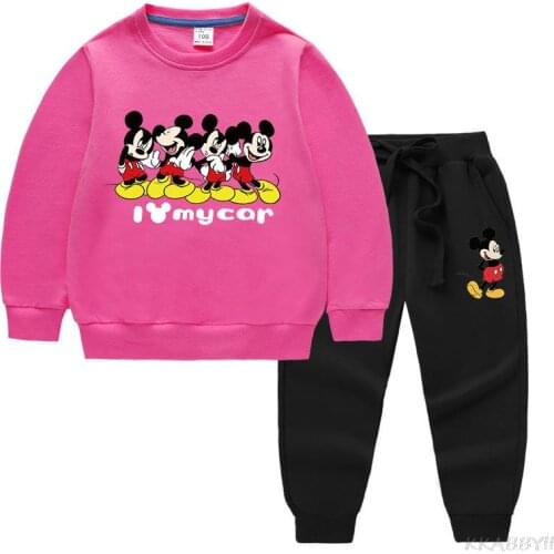 Disney Mickey New childrens clothing boys and girls print casual sports round neck T-shirt + fashion pants set