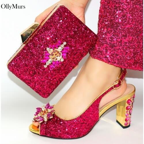 Latest Italian Ladies Fuchsia Color Shoes And Bags To Match Set African Decorated With Pearl High Heels Shoes And Bag Set