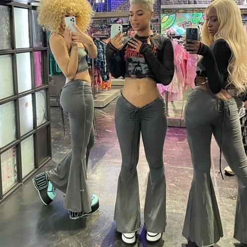 2021 summer new solid color pleated lace-up flanging sexy bag hip flared pants female ladies temperament charming everyday wear