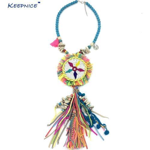 New Handmade Boho beaded Chain Leather Tassel Pendents Chokers Necklce Boho ethnic Bohemia Long Fringe Pendant Necklaces