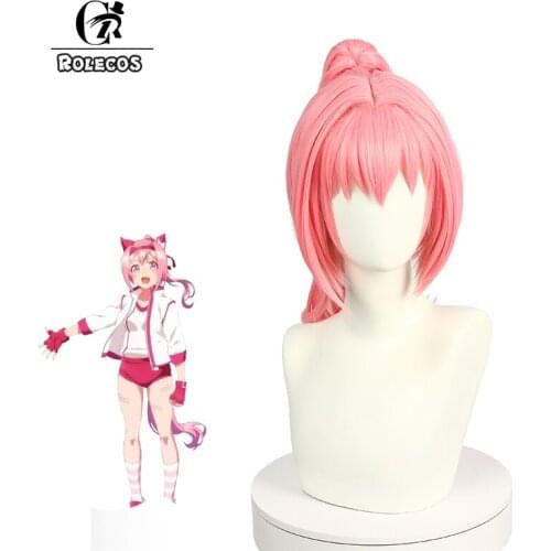 ROLECOS Uma Musume Pretty Derby Haru Urara Cosplay Wig Pink Wig with Bangs Ponytail Synthetic Hair Heat Resistant Wig