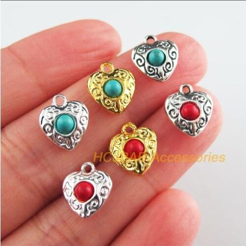 20Pcs Tibetan Silver Tone & Gold Color Heart Red & Blue Stone Flower Charms Pendants 10x11.5mm