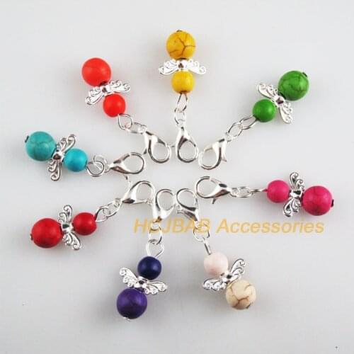 8 New Angel 14x21mm Charms Mixed Crackle Stone Silver Plated Retro With Lobster Claw Clasps