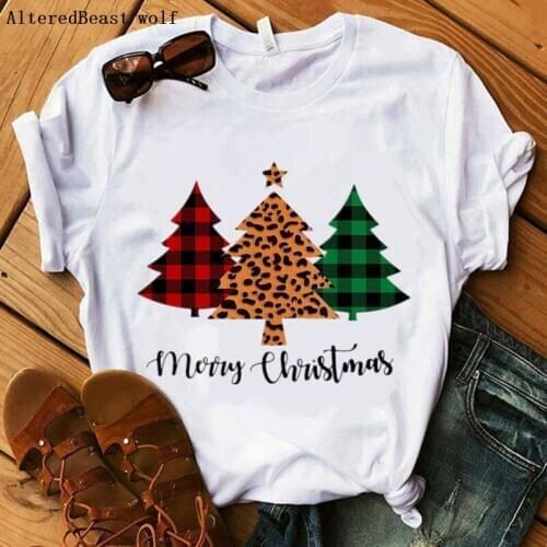Christmas Tops women Christmas Tree Leopard Printed T Shirt Women short sleeve tshirt white clothes Christmas kawaii t-shirt