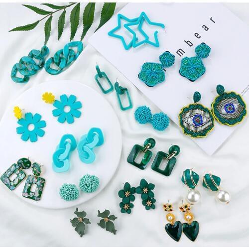 Lifefontier Korean Irregular Hollow Geometric Acrylic Drop Earrings For Women Summer Green Blue Long Earrings Wedding Jewelry