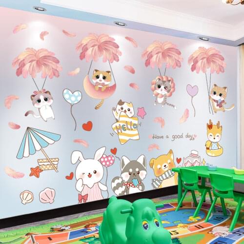 [SHIJUEHEZI] Cats Animals Wall Stickers DIY Cartoon Feathers Wall Decals for Kids Room Baby Bedroom Nursery Home Decoration