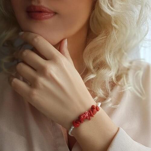 VAOOV 925 Sterling Silver Pearl and Coral Stone Bracelet - Made in Turkey