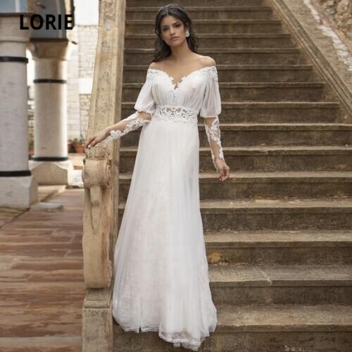LORIE Gorgerous Turkey Wedding Dresses Scoop Appliques Lace Long Sleeve Button Back Boho Wedding Arabic Bride Gown suknia ślubna