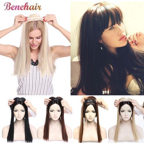 BENEHAIR Clip in Hair Topper Long Straight Clip Extension Hair Synthetic Hair Toupee Hairpiece For Women Fake Hair With Bangs