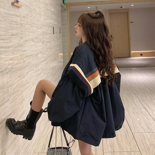 Autumn Korean Style 2020 New Design Knitted Striped Loose Mid-Length Baseball Uniform Long-Sleeved Jacket Women