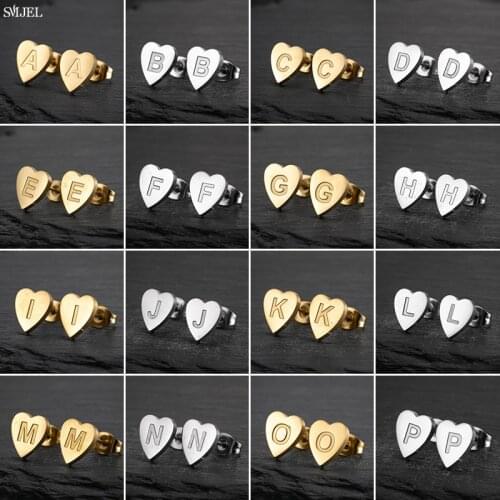 Tiny Heart 26 A-Z Initial Letter Earrings for Women Stainless Steel Alphabet Name Earring Piercing Jewelry Christmas Studs Gift