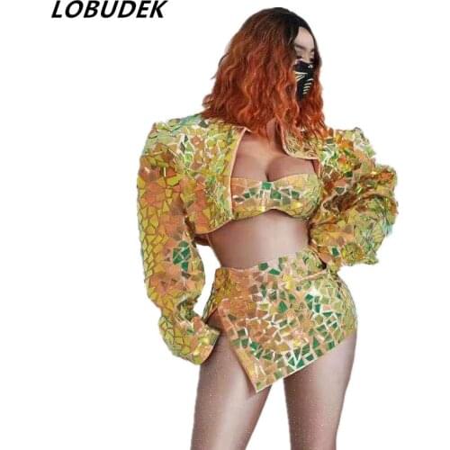 Glitter Mirrors Dance Costume Gold Sequins Jacket Bra Skirt 3 Piece Set Women DJ Singer Dancer Team Jazz Hip Hop Show Stage Wear