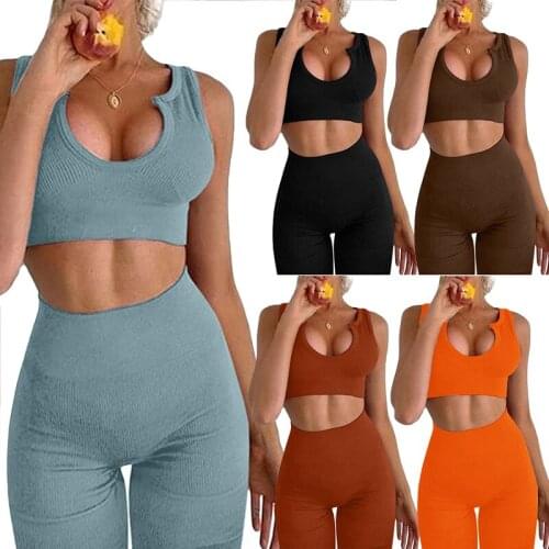 Women Ribbed Sport Clothing Set Solid Color Sleeveless Low-cut Cropped Tops + High Waist Short Pants Sportswear Workout Outfits