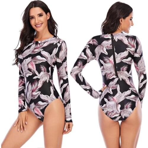 Print Long Sleeve Women Swimwear Zipper One Piece SwimsuitDive Bodysuit Beachwear