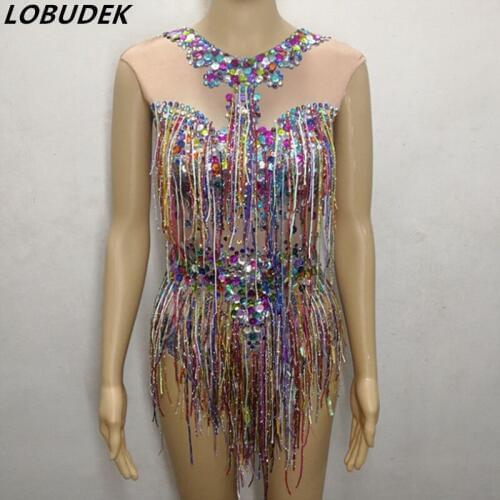 Multicolor Rhinestones Tassels Bodysuit Sexy Sleeveless Crystals Fringed Bodysuits Bar Nightclub DJ DS Women Stage Dance Costume
