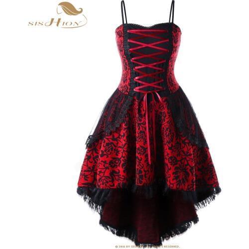 SISHION Vintage Style Gothic Dress SP153 Women Ladies Sexy Party Black Red Plus Size 4XL 5XL strapless spaghetti strap dress