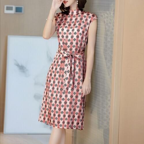 2021 Spring Summer Pink Silk Sleeveless Midi Dress Vintage 3XL Plus Size Print Runway Dress Elegant Women Bodycon Party Vestidos