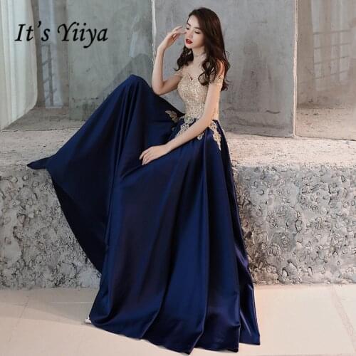 Its YiiYa Evening Dress Gold Lace Navy Blue Fashion Party Gowns Boat Neck Floor length Long Formal Dresses E052