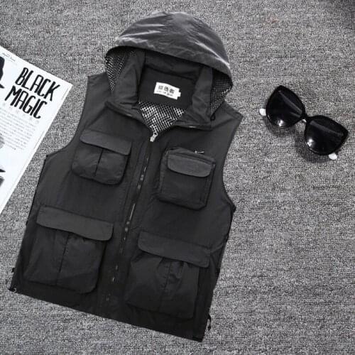 Mens Multi-pockets Hooded Vest Fishing Mountaineering Quick Drying Waistcoat Outdoor Camera Photography Military Vest Jackets