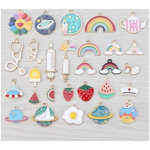 10 x Enamel Fruit Planet Rainbow Clouds Charms Pendants Beads for DIY Necklace Bracelet Earring Jewelry Making Accessories